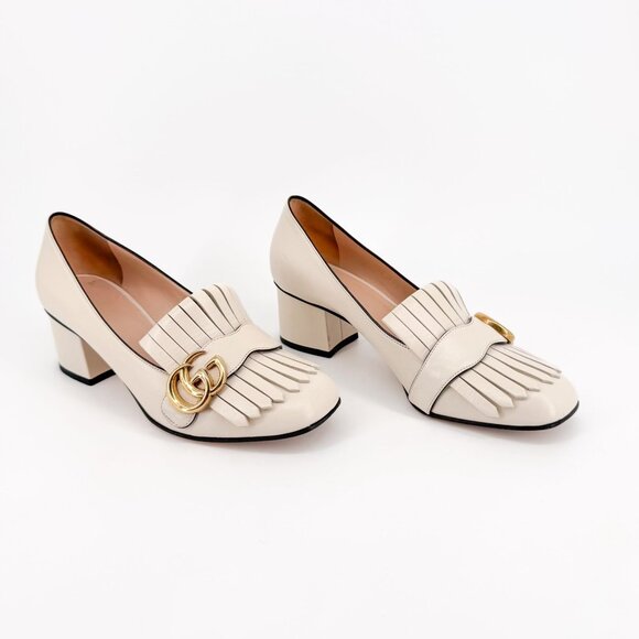 Gucci Marmont GG Fringe Loafer Pumps Heels White Leather Size 37.5 US 7.5 Women - Picture 1 of 16
